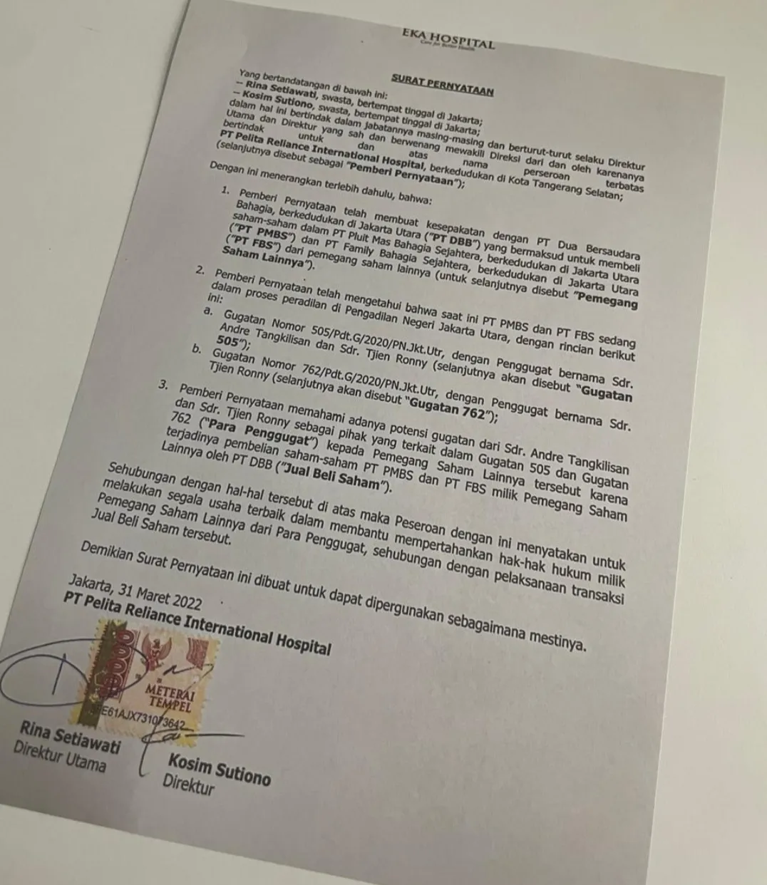 Berita Terkini: Beredar Surat Transaksi Eka Hospital Tahun 2022 di Tengah Sengketa Hukum RSIA Family Pluit